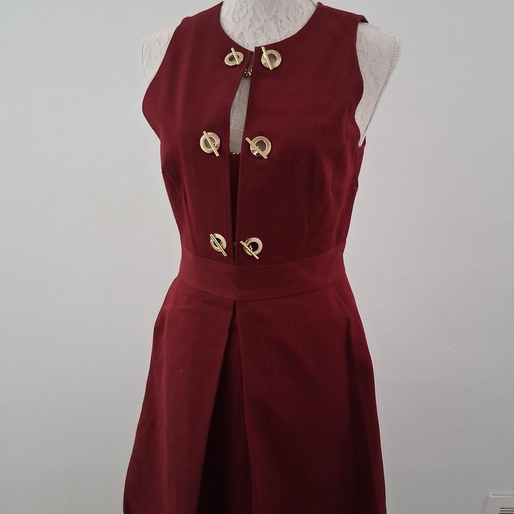 10 Crosby Derek Lam Burgundy Midi Dress with Gold Accents
